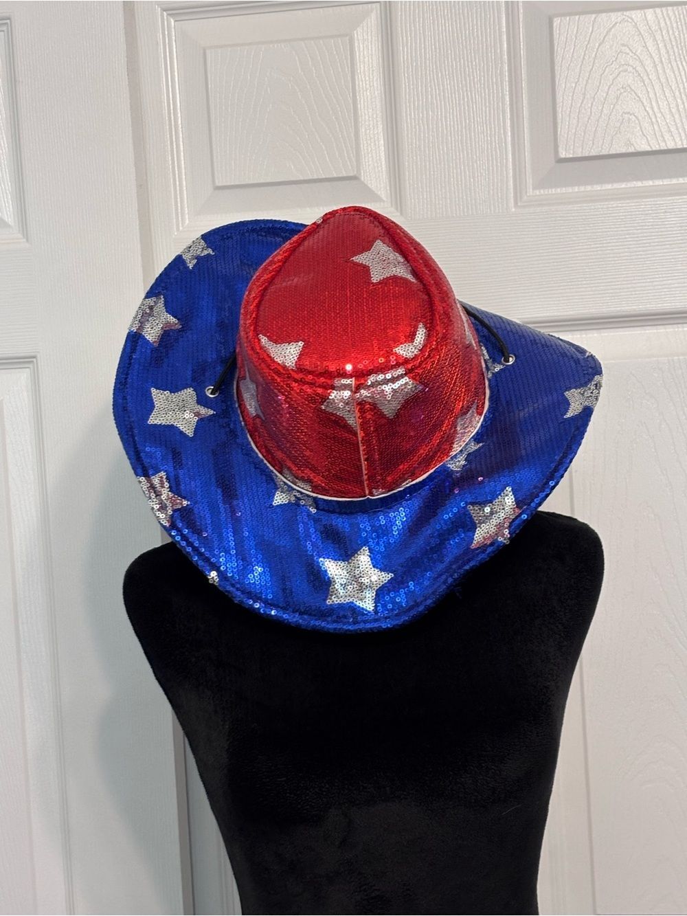 Adult Unisex Sequin Sparkle Stars Sequin Cowboy Hat Red Blue Silver Chin Strap